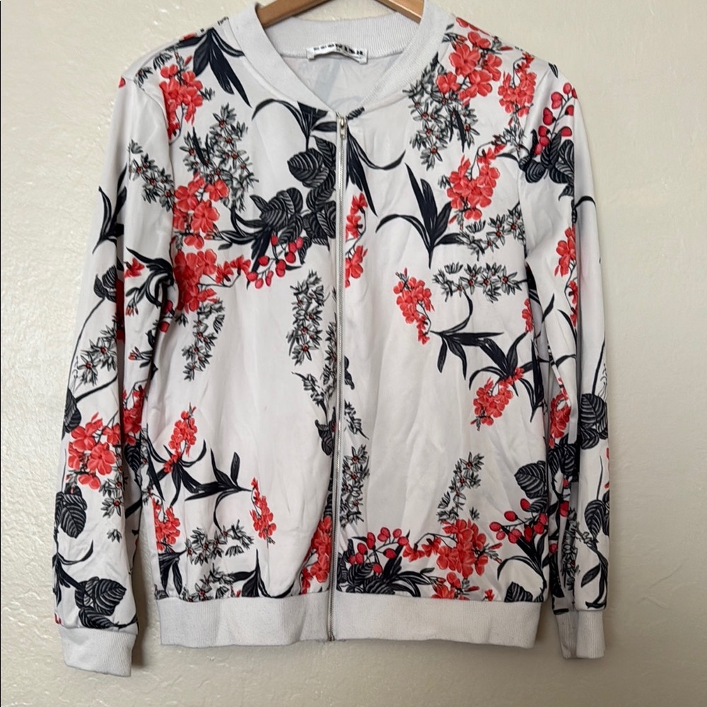 Floral Women's Jacket - Orange Black and White